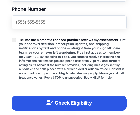 Vigo MD sign-up form showing the phone number field and an unticked checkbox consenting to text messages, with message frequency, rates, STOP and HELP instructions